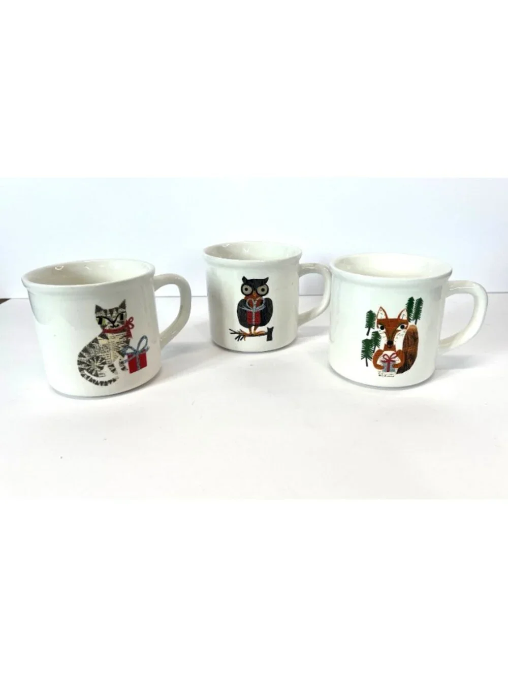 3 POTTERY BARN DENISE FIEDLER WHIMSICAL CAT,FOX & OWL MUGS -A FUN TASTE OF NATUR